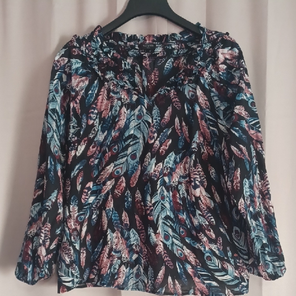 Talbots Petites Falling Feathers Smocked Cotton Popover Ruffle Neck LP Cotton